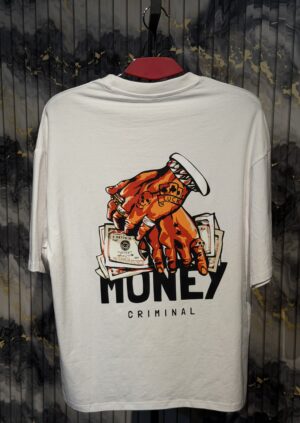 MONEY CRIMINAL Printed (Back) Dropshoulder Tshirt-White