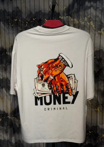 MONEY CRIMINAL Printed (Back) Dropshoulder Tshirt-White